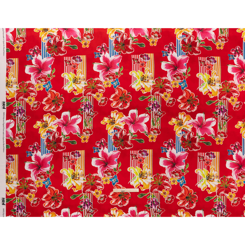 Polyester Satin - Red, Yellow and Blue Flowers and Striped Blocks - Mood Exclusive Linear Bloom Print