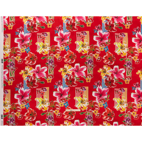 Polyester Satin - Red, Yellow and Blue Flowers and Striped Blocks - Mood Exclusive Linear Bloom Print