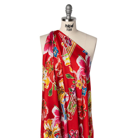 Polyester Satin - Red, Yellow and Blue Flowers and Striped Blocks - Mood Exclusive Linear Bloom Print