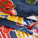 Polyester Satin - Navy Blue, Red and Pink Flowers and Striped Blocks - Mood Exclusive Linear Bloom Print