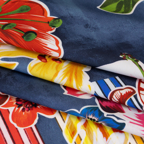 Polyester Satin - Navy Blue, Red and Pink Flowers and Striped Blocks - Mood Exclusive Linear Bloom Print