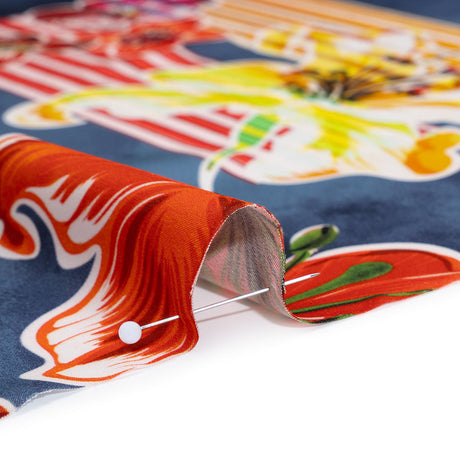 Polyester Satin - Navy Blue, Red and Pink Flowers and Striped Blocks - Mood Exclusive Linear Bloom Print