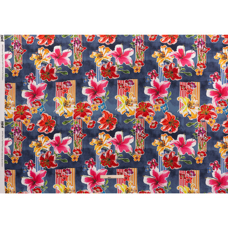 Polyester Satin - Navy Blue, Red and Pink Flowers and Striped Blocks - Mood Exclusive Linear Bloom Print