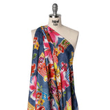 Polyester Satin - Navy Blue, Red and Pink Flowers and Striped Blocks - Mood Exclusive Linear Bloom Print