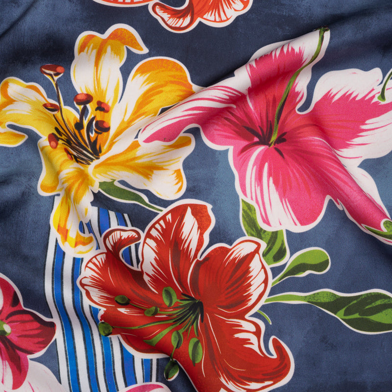 Polyester Satin - Navy Blue, Red and Pink Flowers and Striped Blocks - Mood Exclusive Linear Bloom Print