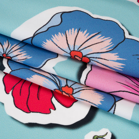 Polyester Satin - Sky Blue, Red and Pink Big Floral Stickers - Mood Exclusive Sticker Garden Print