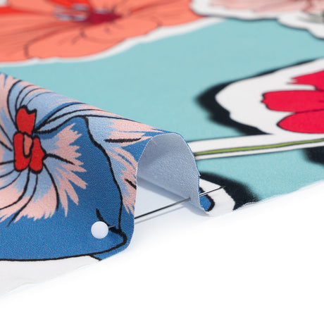 Polyester Satin - Sky Blue, Red and Pink Big Floral Stickers - Mood Exclusive Sticker Garden Print
