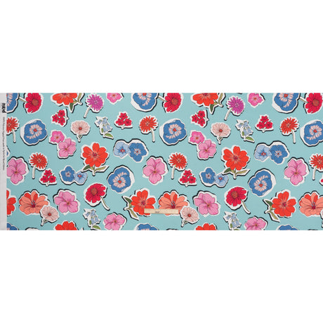Polyester Satin - Sky Blue, Red and Pink Big Floral Stickers - Mood Exclusive Sticker Garden Print