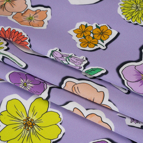 Polyester Satin - Lavender, Lime Green and Orange Little Floral Stickers - Mood Exclusive Sticker Garden Print