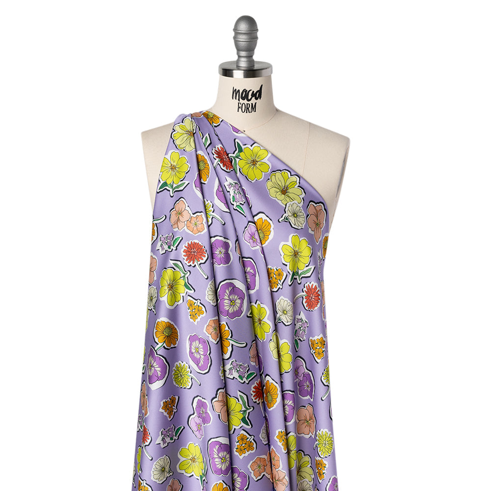 Polyester Satin - Lavender, Lime Green and Orange Little Floral Stickers - Mood Exclusive Sticker Garden Print