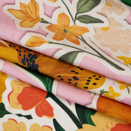 Polyester Satin - Pink, Green and Orange Flowers Collage - Mood Exclusive Clipped Botanicals Print