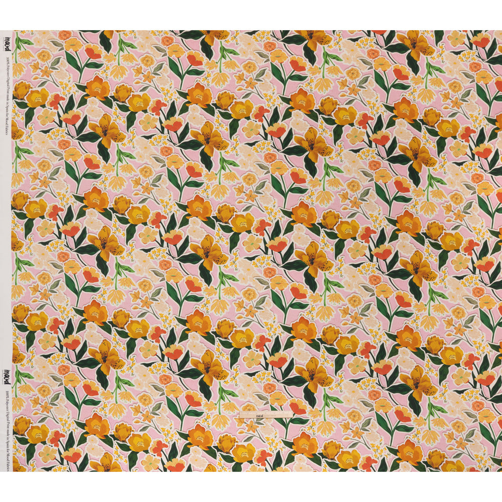 Polyester Satin - Pink, Green and Orange Flowers Collage - Mood Exclusive Clipped Botanicals Print