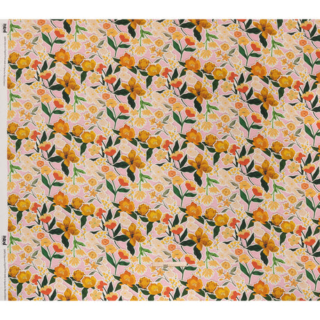 Polyester Satin - Pink, Green and Orange Flowers Collage - Mood Exclusive Clipped Botanicals Print