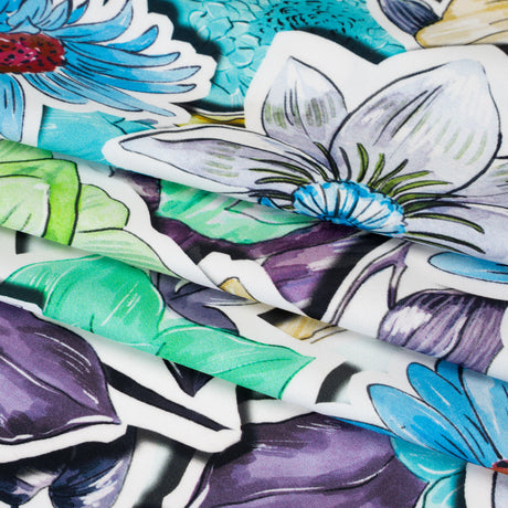 Polyester Satin - Green, Blue and Purple Overlapping Flower Cutouts - Mood Exclusive Layered Whimsy Print