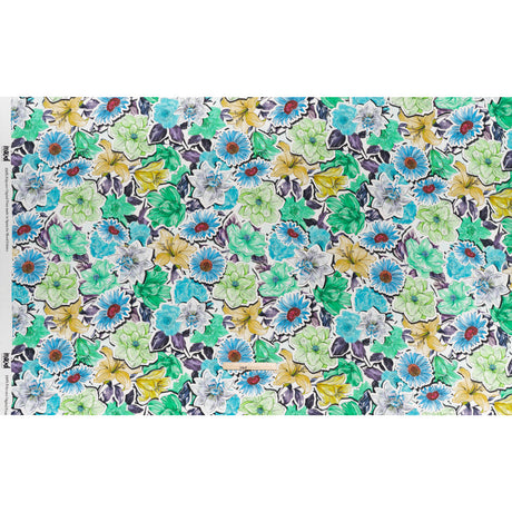 Polyester Satin - Green, Blue and Purple Overlapping Flower Cutouts - Mood Exclusive Layered Whimsy Print