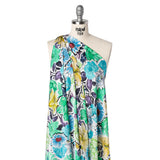 Polyester Satin - Green, Blue and Purple Overlapping Flower Cutouts - Mood Exclusive Layered Whimsy Print