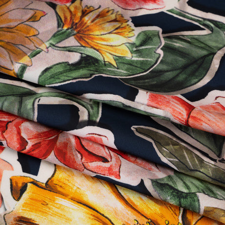 Polyester Satin - Golden Orange, Red and Green Illustrated Flower Collage - Mood Exclusive Floral Montage Print