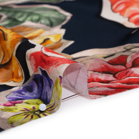 Polyester Satin - Golden Orange, Red and Green Illustrated Flower Collage - Mood Exclusive Floral Montage Print