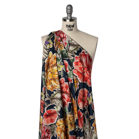Polyester Satin - Golden Orange, Red and Green Illustrated Flower Collage - Mood Exclusive Floral Montage Print