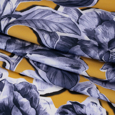 Polyester Satin - Gold and Steel Blue Illustrated Flower Collage - Mood Exclusive Floral Montage Print