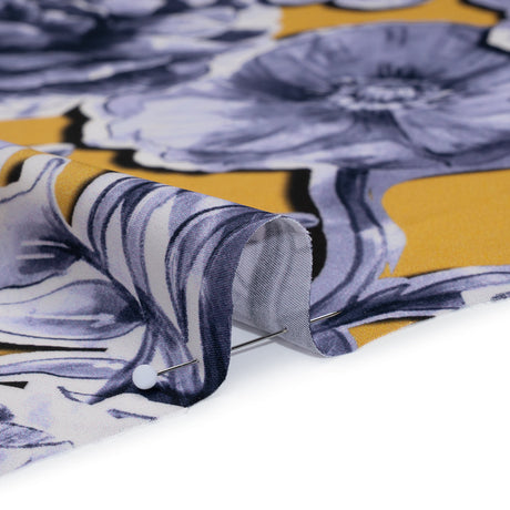Polyester Satin - Gold and Steel Blue Illustrated Flower Collage - Mood Exclusive Floral Montage Print