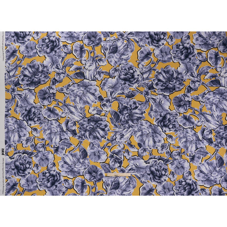 Polyester Satin - Gold and Steel Blue Illustrated Flower Collage - Mood Exclusive Floral Montage Print