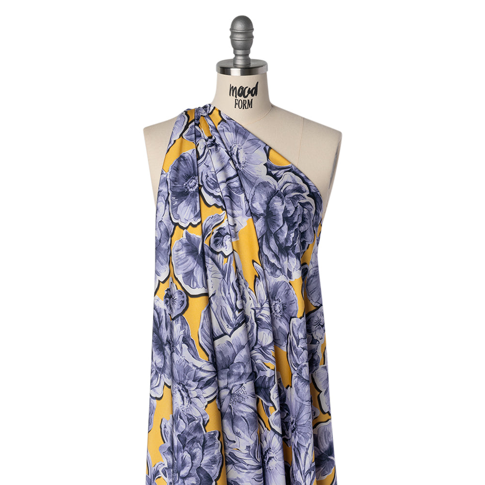 Polyester Satin - Gold and Steel Blue Illustrated Flower Collage - Mood Exclusive Floral Montage Print