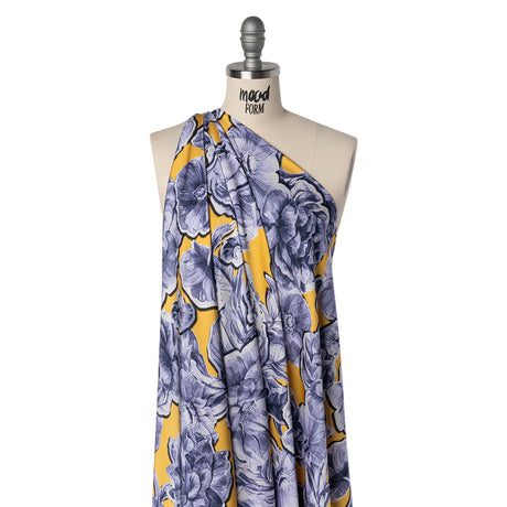Polyester Satin - Gold and Steel Blue Illustrated Flower Collage - Mood Exclusive Floral Montage Print
