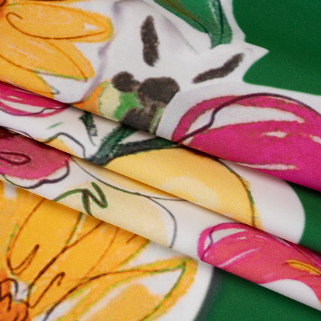Polyester Satin - Green, Pink and Yellow Flower Sketches - Mood Exclusive Brushlight Blossoms Print