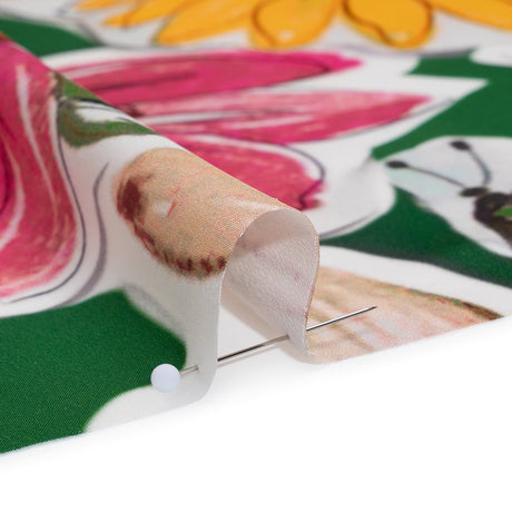 Polyester Satin - Green, Pink and Yellow Flower Sketches - Mood Exclusive Brushlight Blossoms Print
