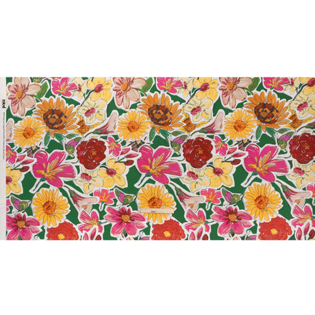 Polyester Satin - Green, Pink and Yellow Flower Sketches - Mood Exclusive Brushlight Blossoms Print