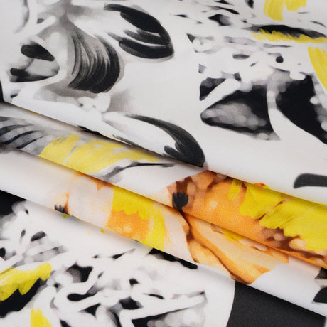 Polyester Satin - Black, White and Yellow Floral Negatives - Mood Exclusive Floral Exposure Print