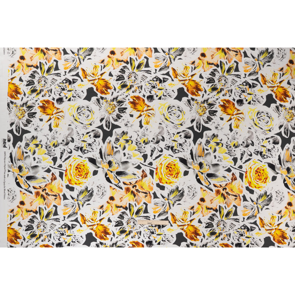 Polyester Satin - Black, White and Yellow Floral Negatives - Mood Exclusive Floral Exposure Print