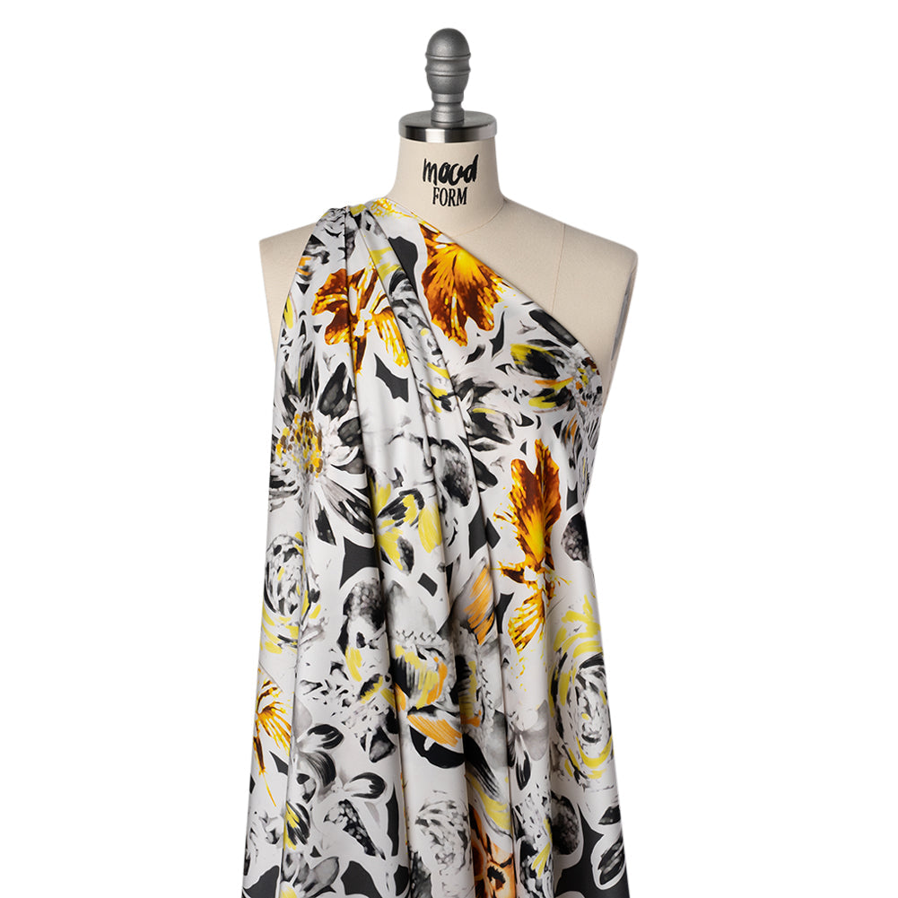Polyester Satin - Black, White and Yellow Floral Negatives - Mood Exclusive Floral Exposure Print