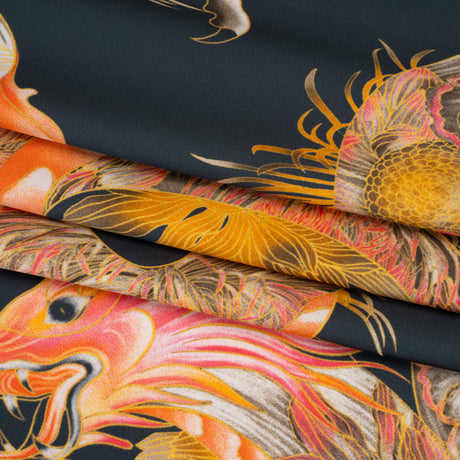 Polyester Satin - Charcoal, Orange and Olive Eastern Dragons - Mood Exclusive Dragon Dance Print