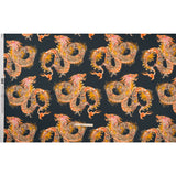 Polyester Satin - Charcoal, Orange and Olive Eastern Dragons - Mood Exclusive Dragon Dance Print