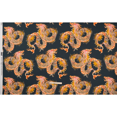 Polyester Satin - Charcoal, Orange and Olive Eastern Dragons - Mood Exclusive Dragon Dance Print