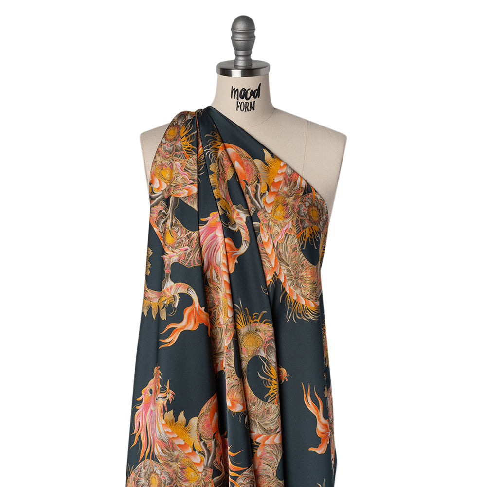 Polyester Satin - Charcoal, Orange and Olive Eastern Dragons - Mood Exclusive Dragon Dance Print