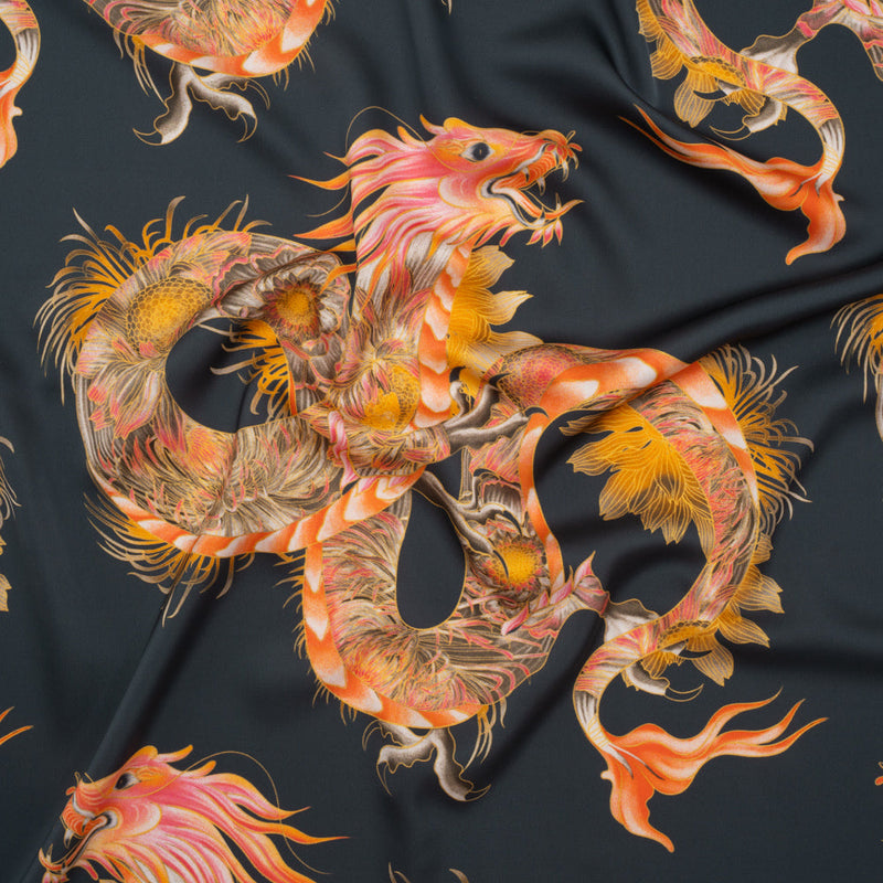 Polyester Satin - Charcoal, Orange and Olive Eastern Dragons - Mood Exclusive Dragon Dance Print