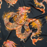 Polyester Satin - Charcoal, Orange and Olive Eastern Dragons - Mood Exclusive Dragon Dance Print