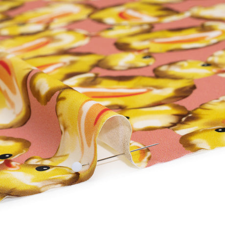 Polyester Satin - Yellow and Rose Pink Small Rubber Ducky Balloons - Mood Exclusive Puffed Pond Print
