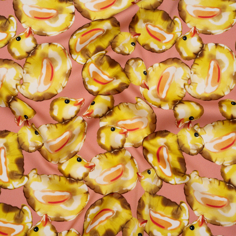 Polyester Satin - Yellow and Rose Pink Small Rubber Ducky Balloons - Mood Exclusive Puffed Pond Print