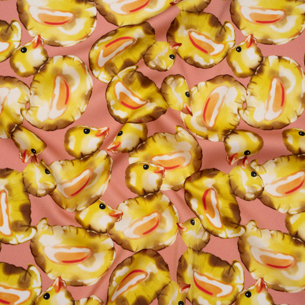 Polyester Satin - Yellow and Rose Pink Small Rubber Ducky Balloons - Mood Exclusive Puffed Pond Print