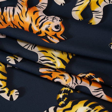 Polyester Satin - Navy, Yellow and Orange Balloon Tigers - Mood Exclusive Pop Jungle Print