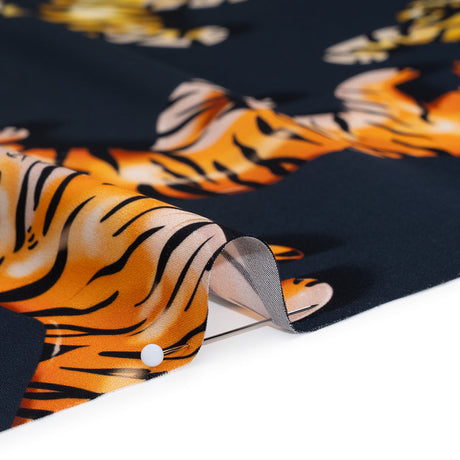 Polyester Satin - Navy, Yellow and Orange Balloon Tigers - Mood Exclusive Pop Jungle Print