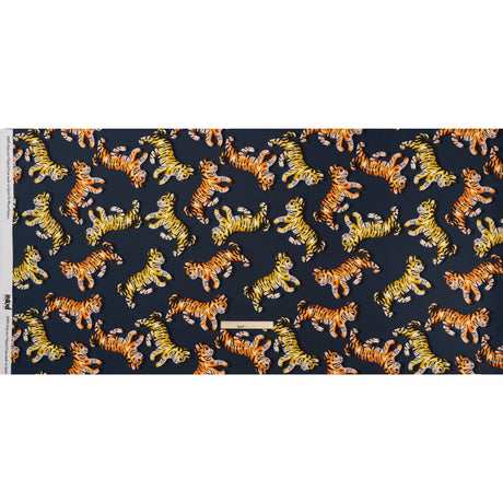Polyester Satin - Navy, Yellow and Orange Balloon Tigers - Mood Exclusive Pop Jungle Print
