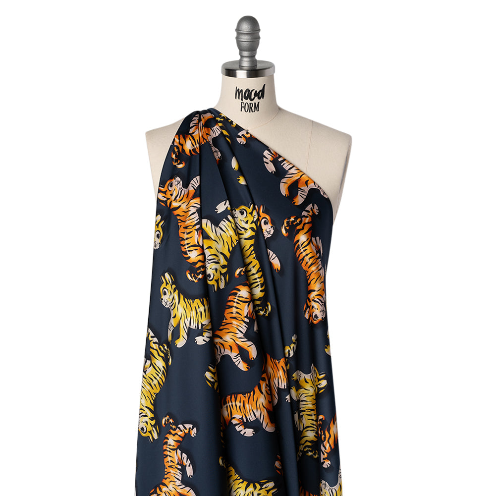 Polyester Satin - Navy, Yellow and Orange Balloon Tigers - Mood Exclusive Pop Jungle Print