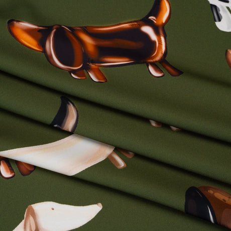 Polyester Satin - Brown, White and Olive Green Puppy Balloons - Mood Exclusive Dachshund Drift Print