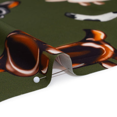 Polyester Satin - Brown, White and Olive Green Puppy Balloons - Mood Exclusive Dachshund Drift Print