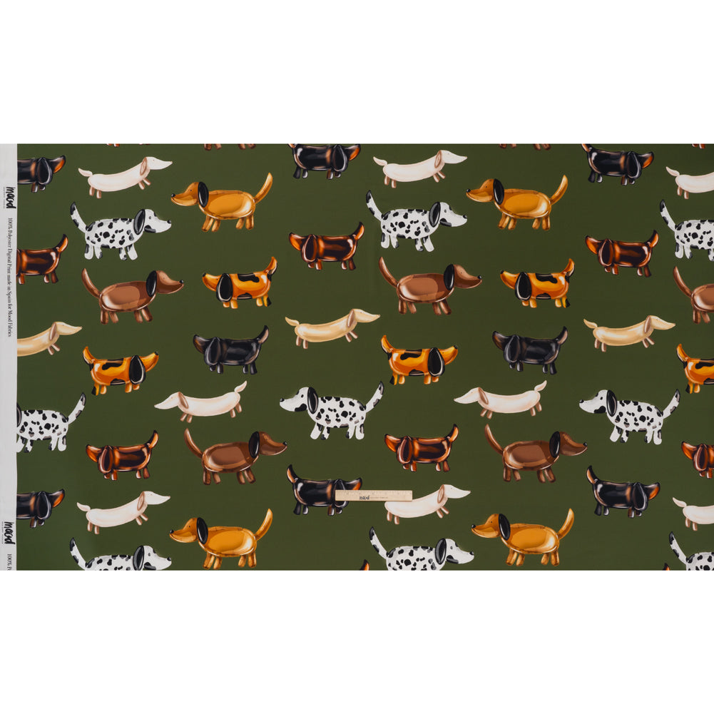 Polyester Satin - Brown, White and Olive Green Puppy Balloons - Mood Exclusive Dachshund Drift Print